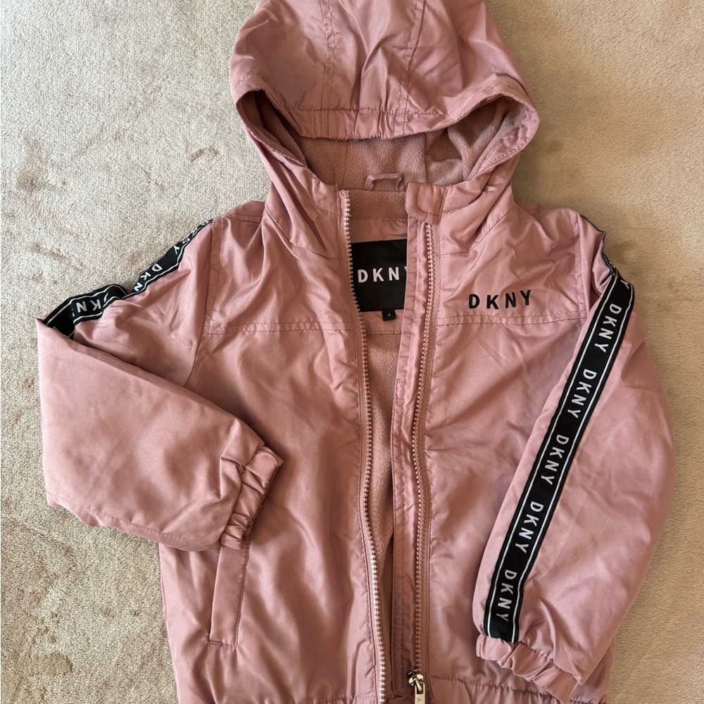 DKNY Dusty Rose Pink Hooded Jacket with Black Logo Patch Kids/Girls Size 4